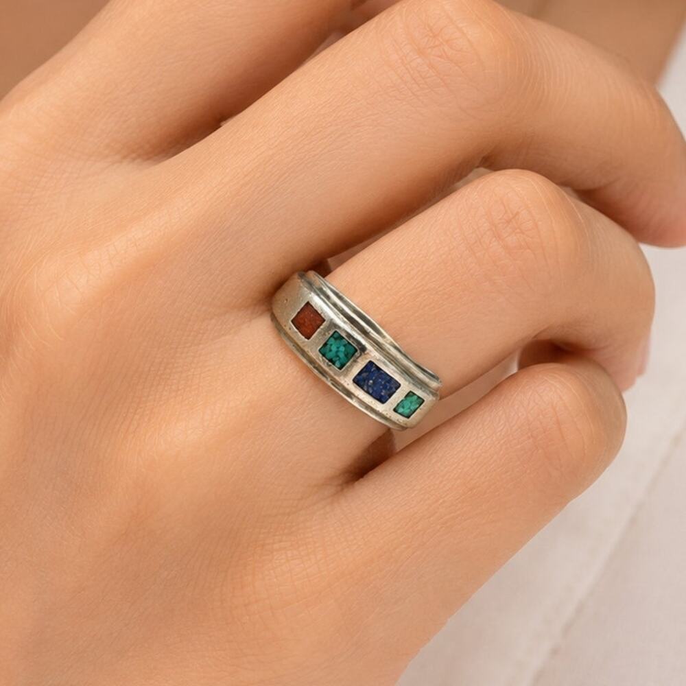 Vintage Carolyn Pollack 925 Sterling Turquoise Lapis Inlay Ring Sz 8 Relios